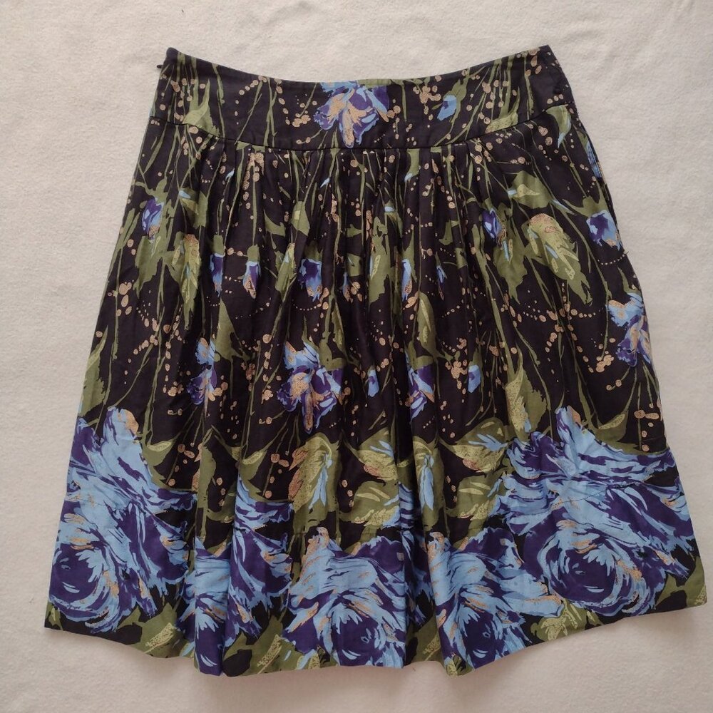 Ann Taylor Loft Floral Full Skirt S6 Black Blue Green Metallic Cotton w Pockets - Picture 8 of 8